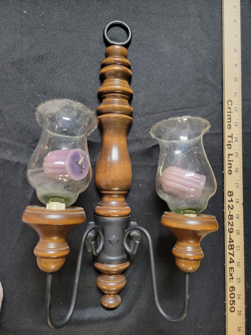 Vtg Home Interiors Homco WOOD DOUBLE Wall SCONCE Glass Candle Holders